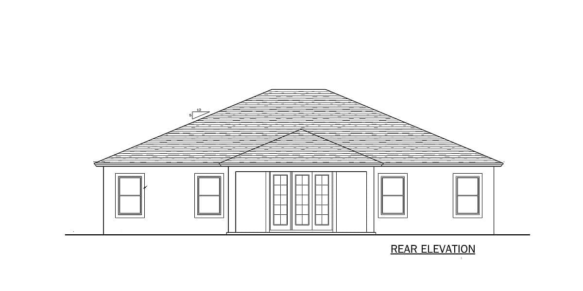 Rear elevation drawing of a house plan with a hip roof, four windows, and double glass doors.