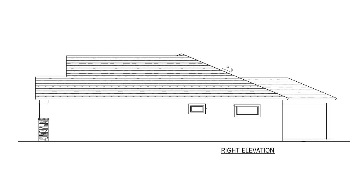 Right elevation drawing of a house plan with a gable roof, one-story structure, and attached garage.