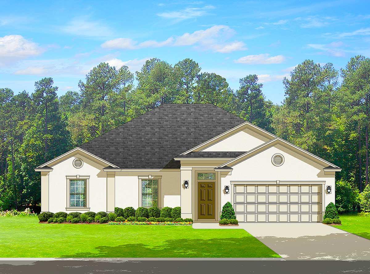House plan exterior: One-story home with a symmetrical facade, a covered entry, and a two-car garage.