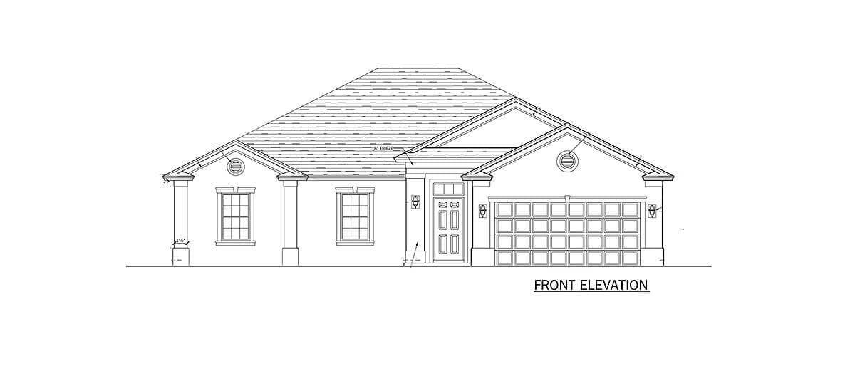 Front elevation drawing of a one-story house with a hip roof, covered entry, and attached garage.