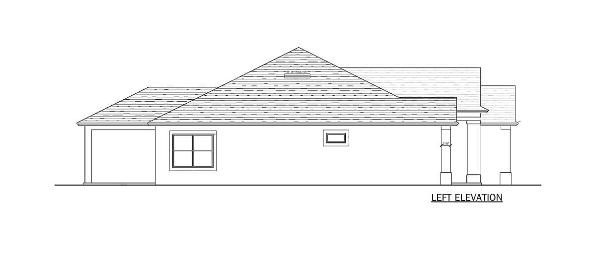 Left elevation drawing of a single-story house plan with attached garage, gabled roof, and covered entry with columns.