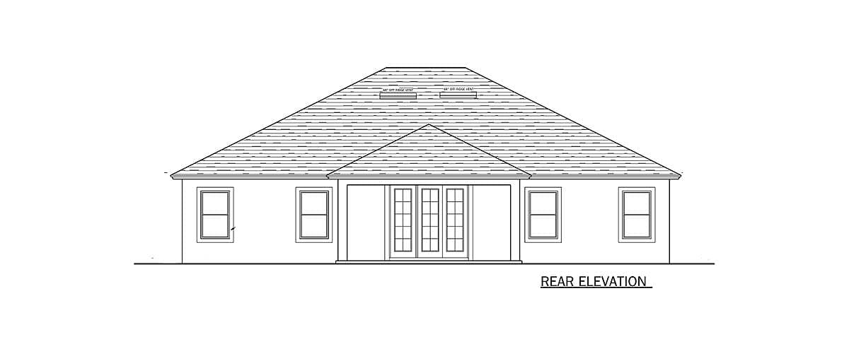 Rear elevation drawing of a house plan with a prominent hipped roof, centered double doors, and two windows on each side.