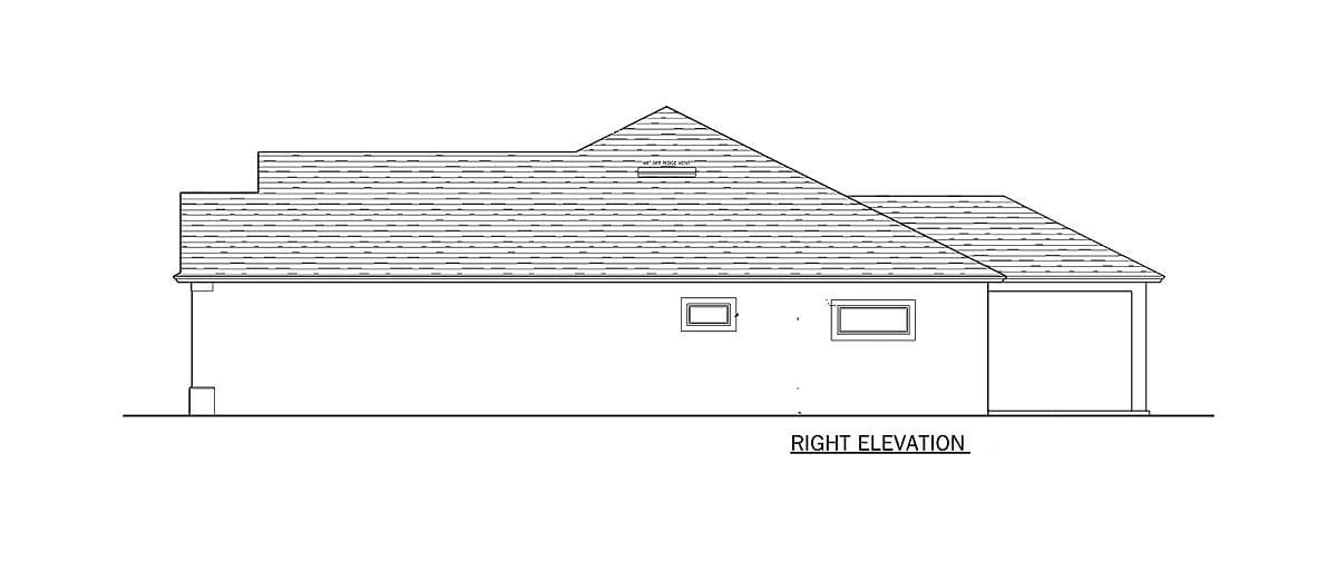 Right elevation house plan showing a single-story structure with a hip roof, two windows, and an attached garage.