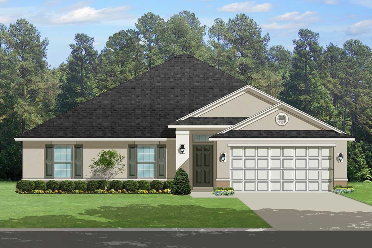 House plan exterior: single-story, stucco finish, hip roof, two-car front-entry garage, and covered front porch.