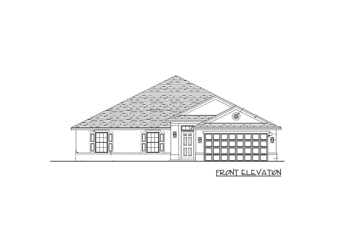 Front elevation drawing of a one-story house plan with a pitched roof, two windows, and a two-car garage.