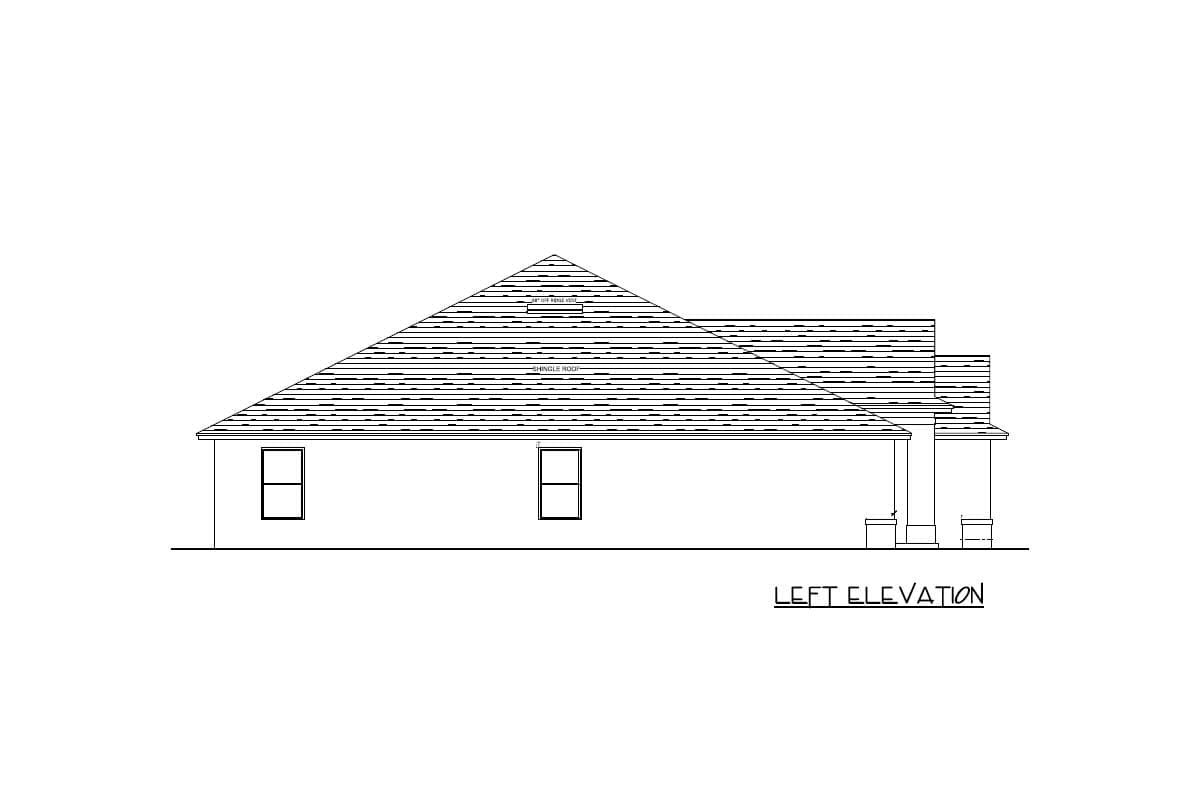 Left elevation house plan drawing showing a shingled roof, two windows, and a covered porch.