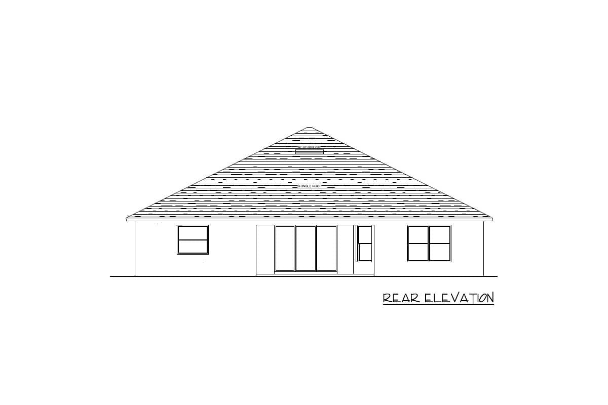 Rear elevation drawing of a house plan with a hip roof, four windows, and sliding glass doors.