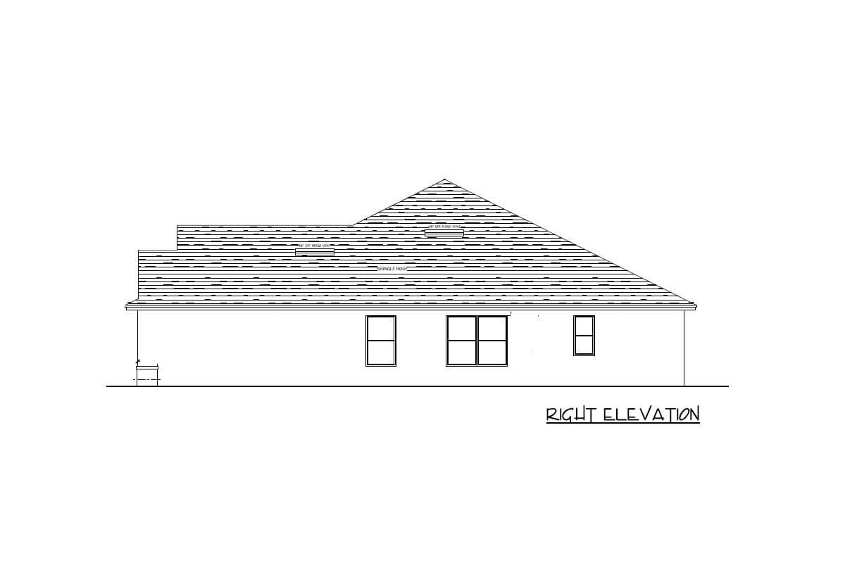 Floor plan right elevation drawing showing a sloped shingle roof, multiple gables, and three windows.