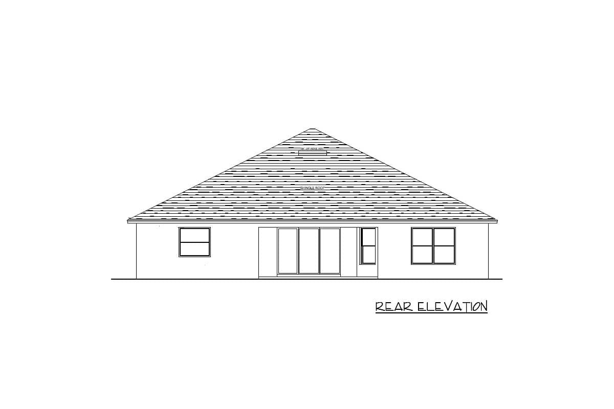 Rear elevation drawing of a house plan with a hip roof, three windows, and sliding glass doors.