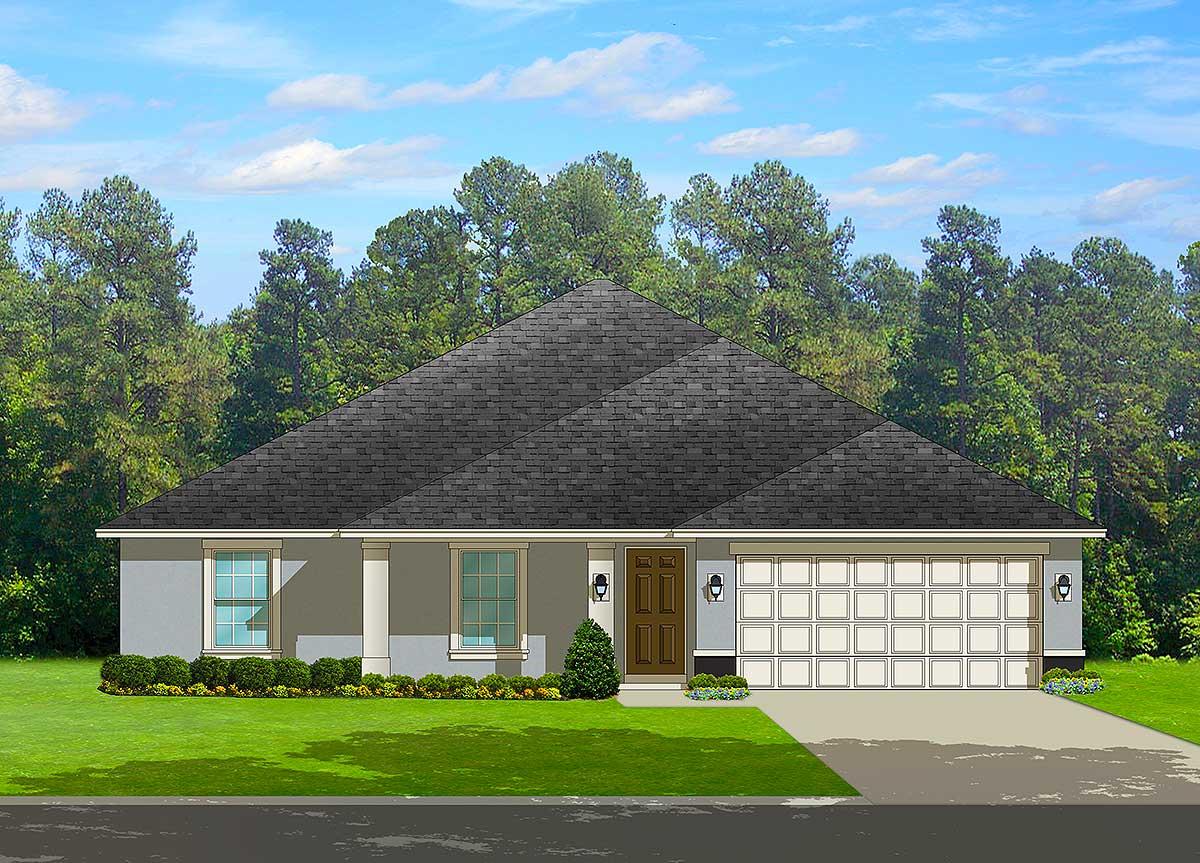 Ranch style house plan exterior, one story, with a prominent gable roof, covered entry with columns, and a two-car garage.
