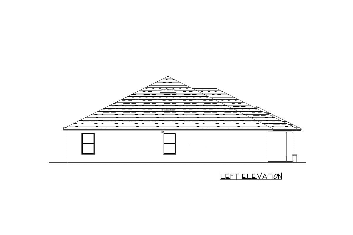 Left elevation drawing of a house plan with a shingle roof, two windows, and a porch with columns.
