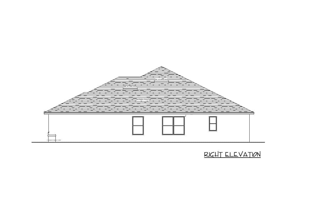 Right elevation of a house plan showing a single-story structure with a shingled hip roof and three windows.