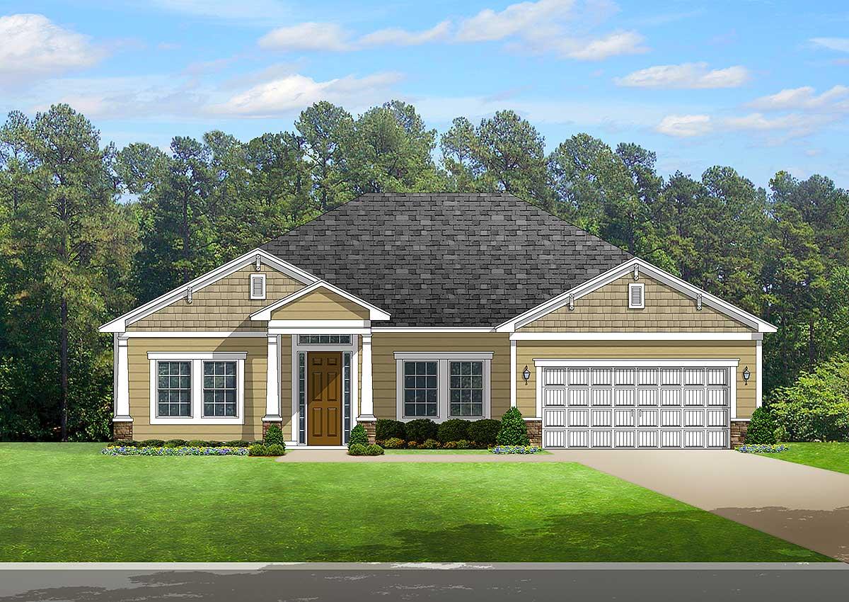 House plan exterior of a single-story home with a covered entry, gabled dormers, and a two-car garage.