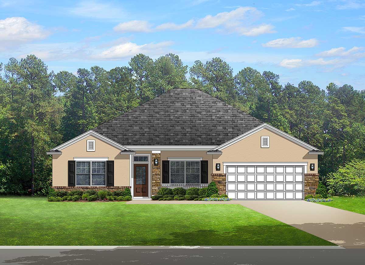 House plan exterior of a one-story Ranch style home with a prominent gable, covered porch, and attached two-car garage.