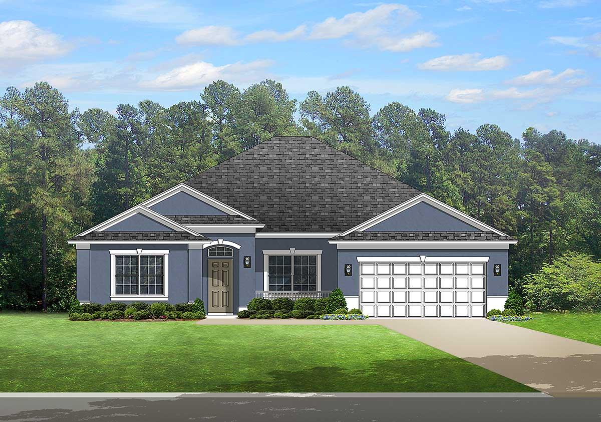 House plan exterior: single-story home with a prominent gable, covered entry, and a side-facing two-car garage.