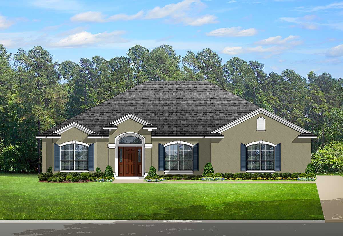 House plan exterior of a single-story home with a grand arched entry, multiple gables, and arched windows with shutters.
