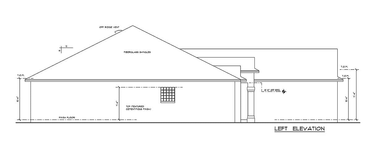 Left elevation of a house plan showing fiberglass shingles, textured cementitious finish, and roof details.