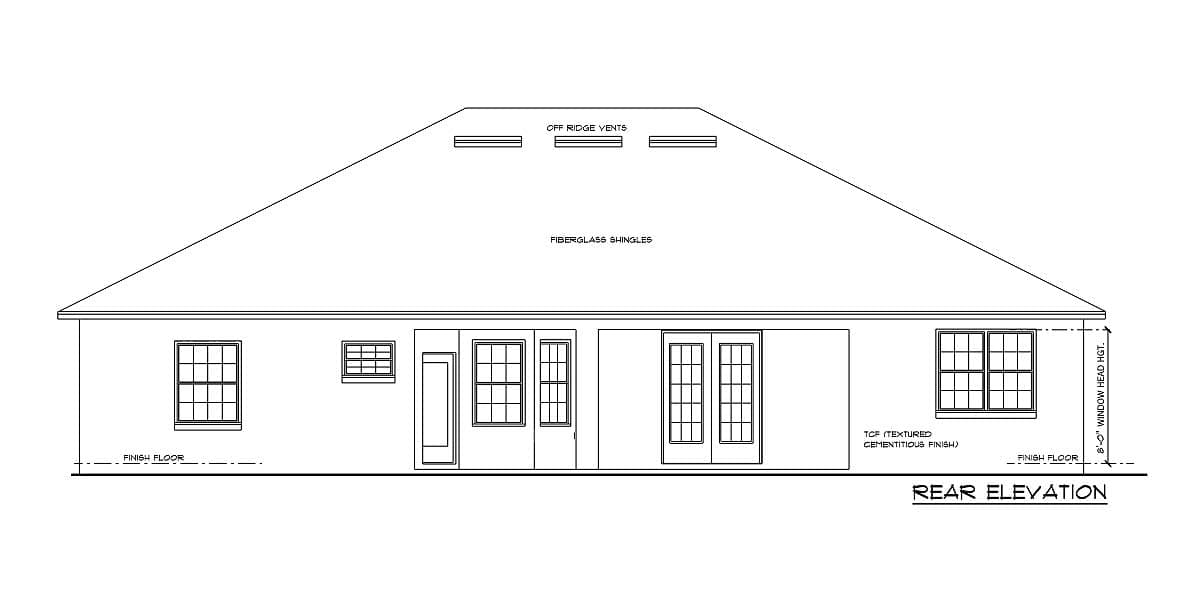 Rear elevation house plan drawing showing a hip roof with ridge vents, fiberglass shingles, and multiple windows.