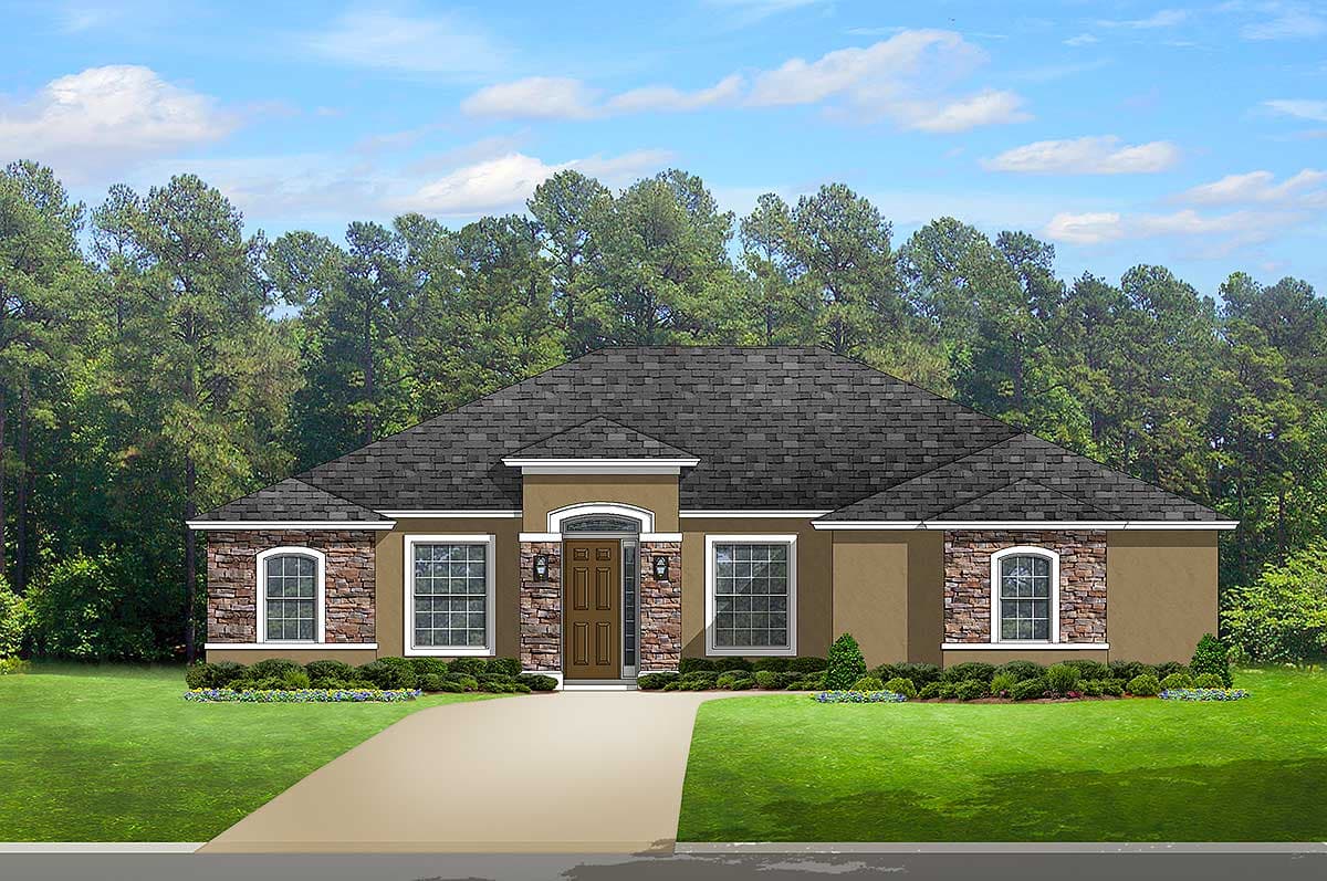 House plan exterior: One-story home with stone accents, arched window details, a covered entryway, and a hip roof.