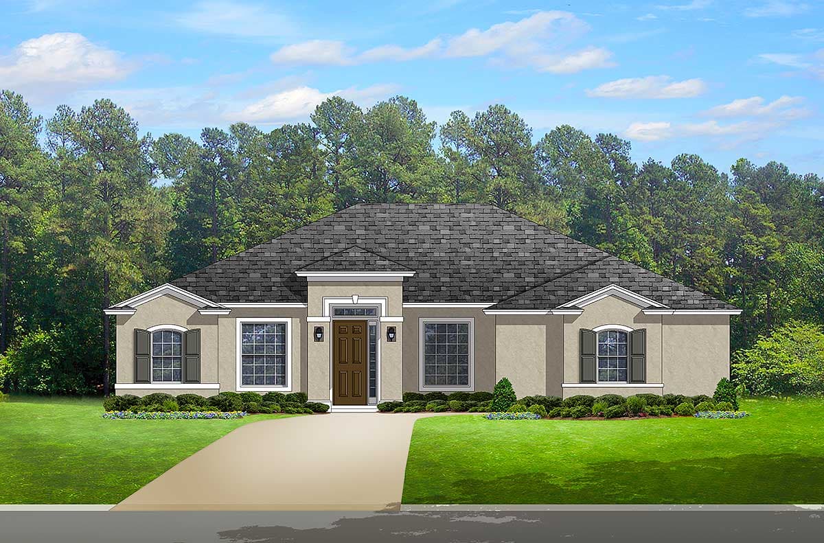 House plan exterior of a single-story home with a hipped roof, arched windows, and a covered entry with double doors.