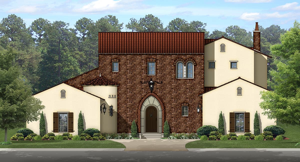 House plan exterior featuring a stone facade with arched entryway, multiple gables, and a red tile roof.
