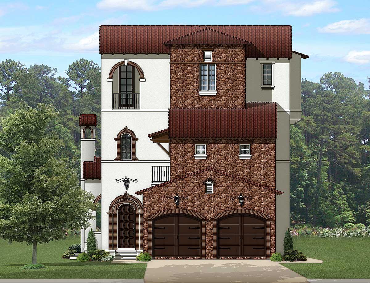 House plan exterior of a three-story Mediterranean-style home with a two-car garage, arched entryway, and red tile roof.