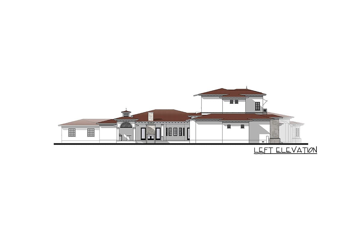 Left elevation drawing of a sprawling house with multiple rooflines, arched entryway, and varied window styles.