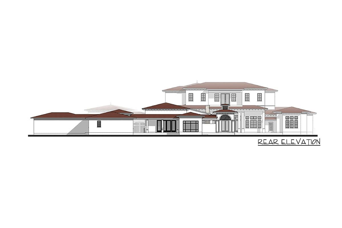 Rear elevation drawing of a multi-story house plan with varied rooflines, central arched entryway, and multiple window arrangements.
