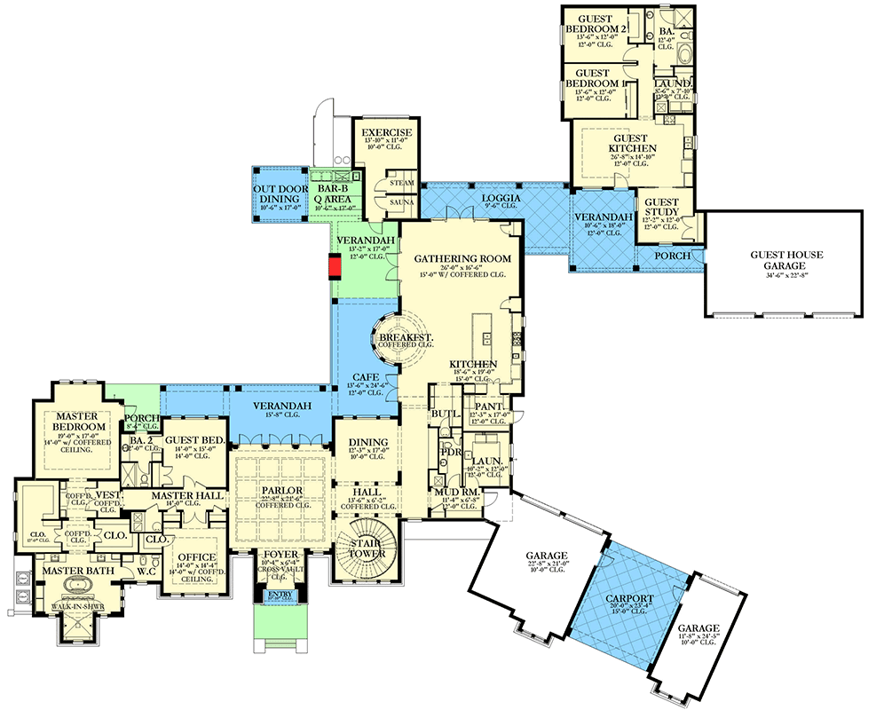 Plan 82153KA: Eight Bedroom Masterpiece with In-Law Apartment - Floor Plan - Main Level - Florida-Style, Mediterranean, Tuscan