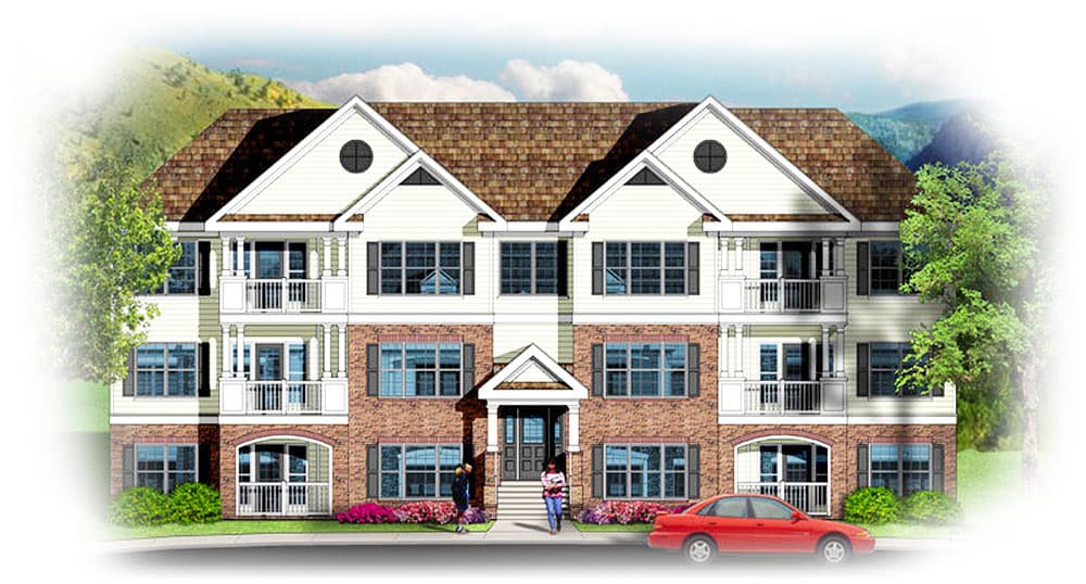 House plan exterior: three-story multi-family building with gable dormers, double balconies, and brick base.