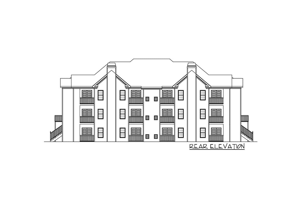Rear elevation drawing of a three-story apartment building with multiple balconies, windows, and exterior staircases.