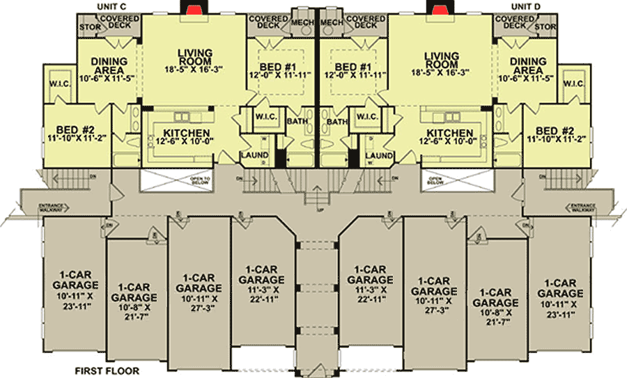Plan 83118DC: 8 Unit Apartment Building - 1202 Sq Ft 2 Bed Units - Floor Plan - Main Level - Traditional