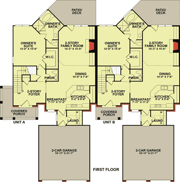Plan 83121DC: 2 Unit Townhouse With 2 Car Garage - 1795 Sq Ft 3 Bed Units - Floor Plan - Main Level - Traditional