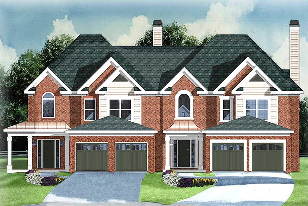 House plan exterior: two-story brick home with a central gable, arched windows, and a four-car garage.