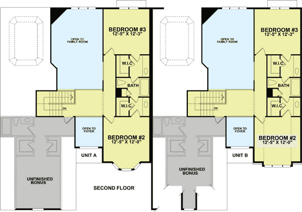 Plan 83122DC: 2 Unit Townhouse With Bonus Room - 2212 Sq Ft 3 Bedroom Units - Floor Plan - 2nd Floor - Traditional