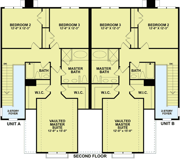 Plan 83123DC: 2 Unit Townhouse Plan with Vaulted Master - 1690 Sq Ft 3 Bedroom Units - Floor Plan - 2nd Floor - Traditional
