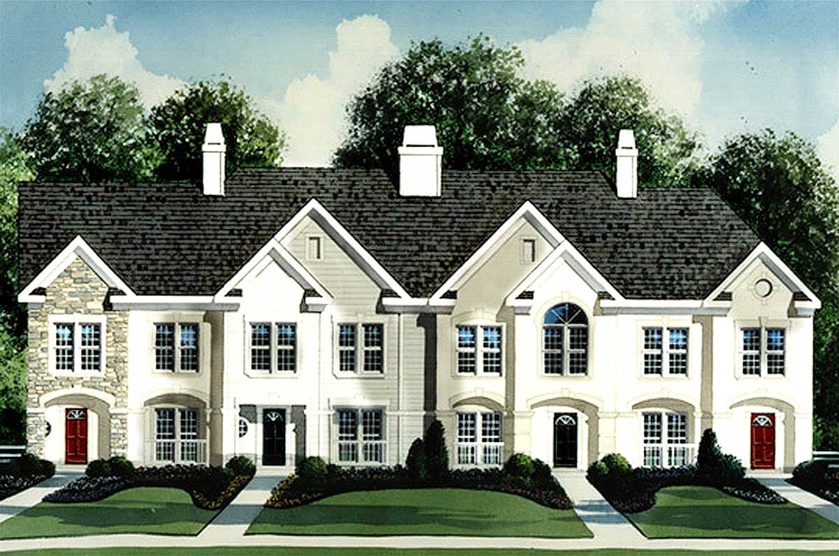 House plan exterior for a three-unit dwelling featuring stone accents, gables, arched entrances, and varied rooflines.