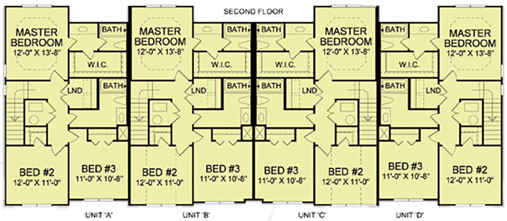 Plan 83125DC: 4-Unit Townhouse Plan with 1394 Sq Ft 3 Bed Units - Floor Plan - 2nd Floor - Traditional