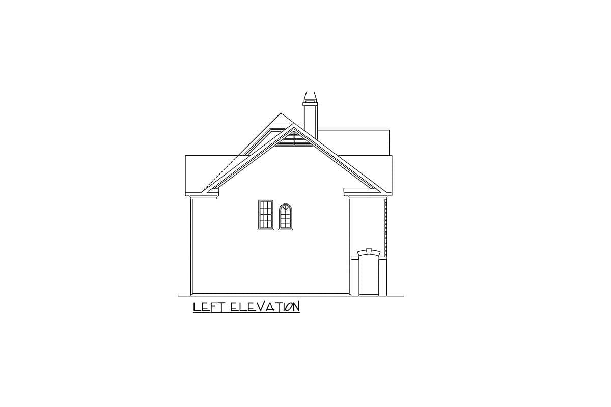 Left elevation drawing of a house plan featuring a gabled roof, two windows, a chimney, and a covered porch.
