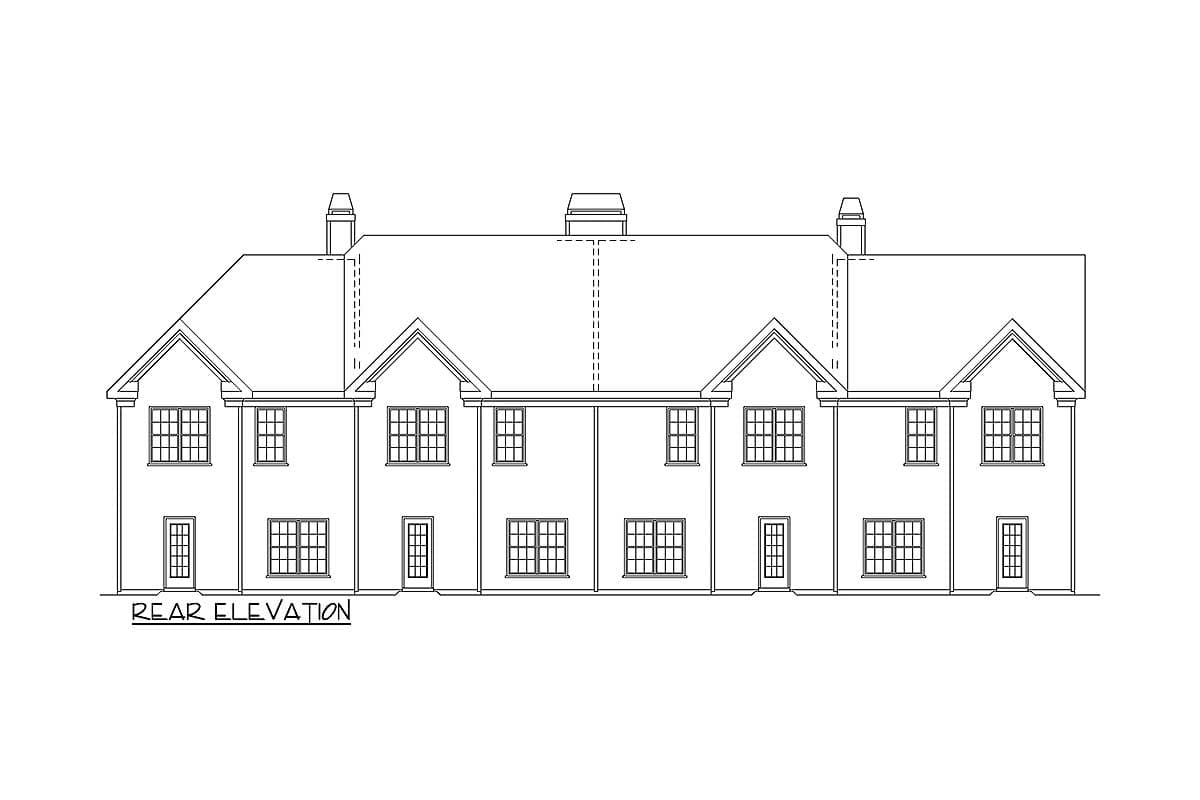 Rear elevation drawing of a multi-unit house plan with multiple gables, prominent rooflines, and numerous windows.