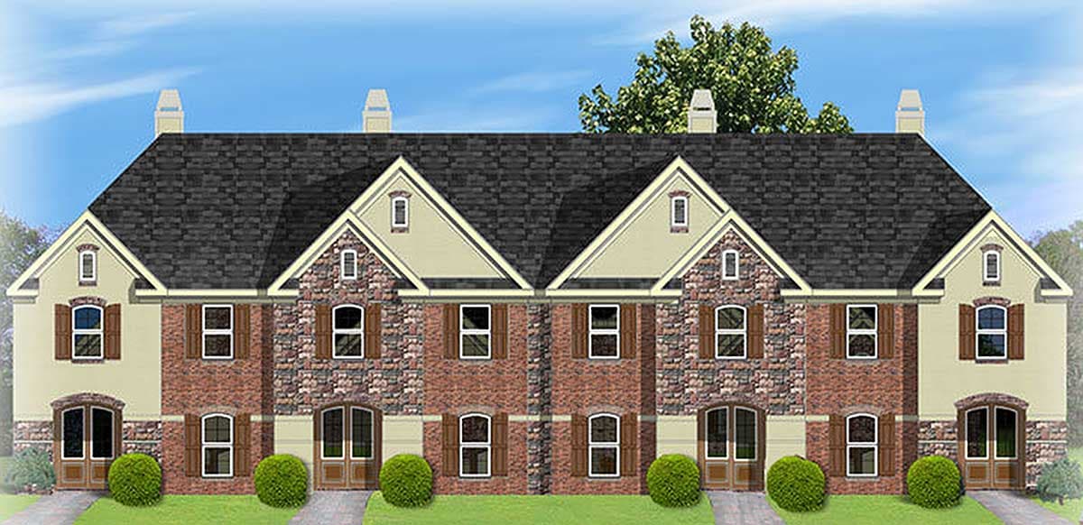 House plan exterior of attached townhomes with brick and stucco, multiple gables, dormers, and arched entryways.