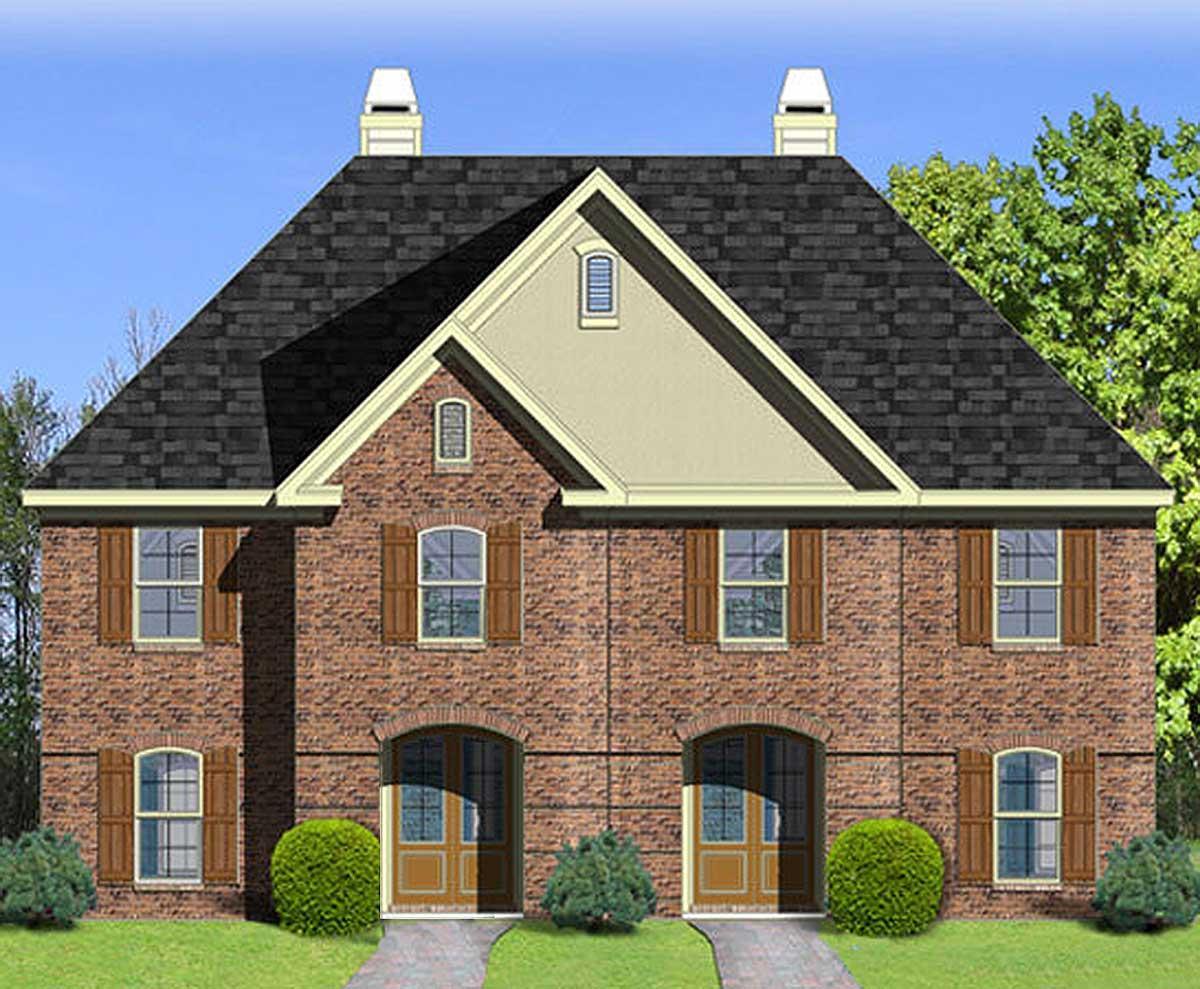 House plan exterior: Two-story brick building with symmetrical gables, arched entrances, dormer windows, and dark asphalt roof.