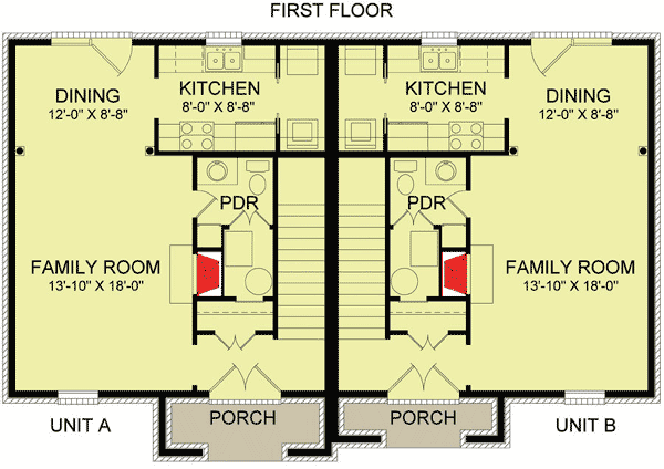 Plan 83127DC: Comfy 2 Unit Townhouse Design - 1323 Sq Ft 2 Bedrooms Each - Floor Plan - Main Level - Traditional