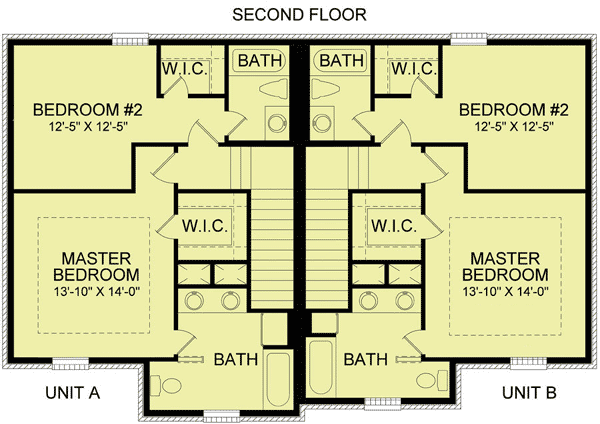 Plan 83127DC: Comfy 2 Unit Townhouse Design - 1323 Sq Ft 2 Bedrooms Each - Floor Plan - 2nd Floor - Traditional