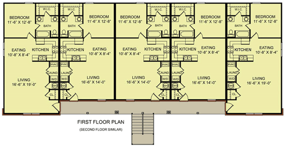 Plan 83128DC: 10 Unit Apartment Building Plan - 811 Sq Ft and 708 Sq Ft Units - Floor Plan - Main Level - Traditional