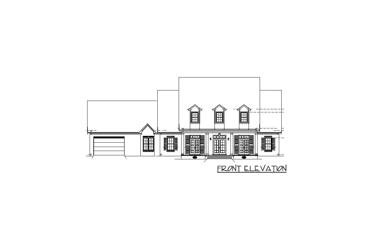 Front elevation drawing of a house plan with a garage, front porch, double front doors, and three dormers.