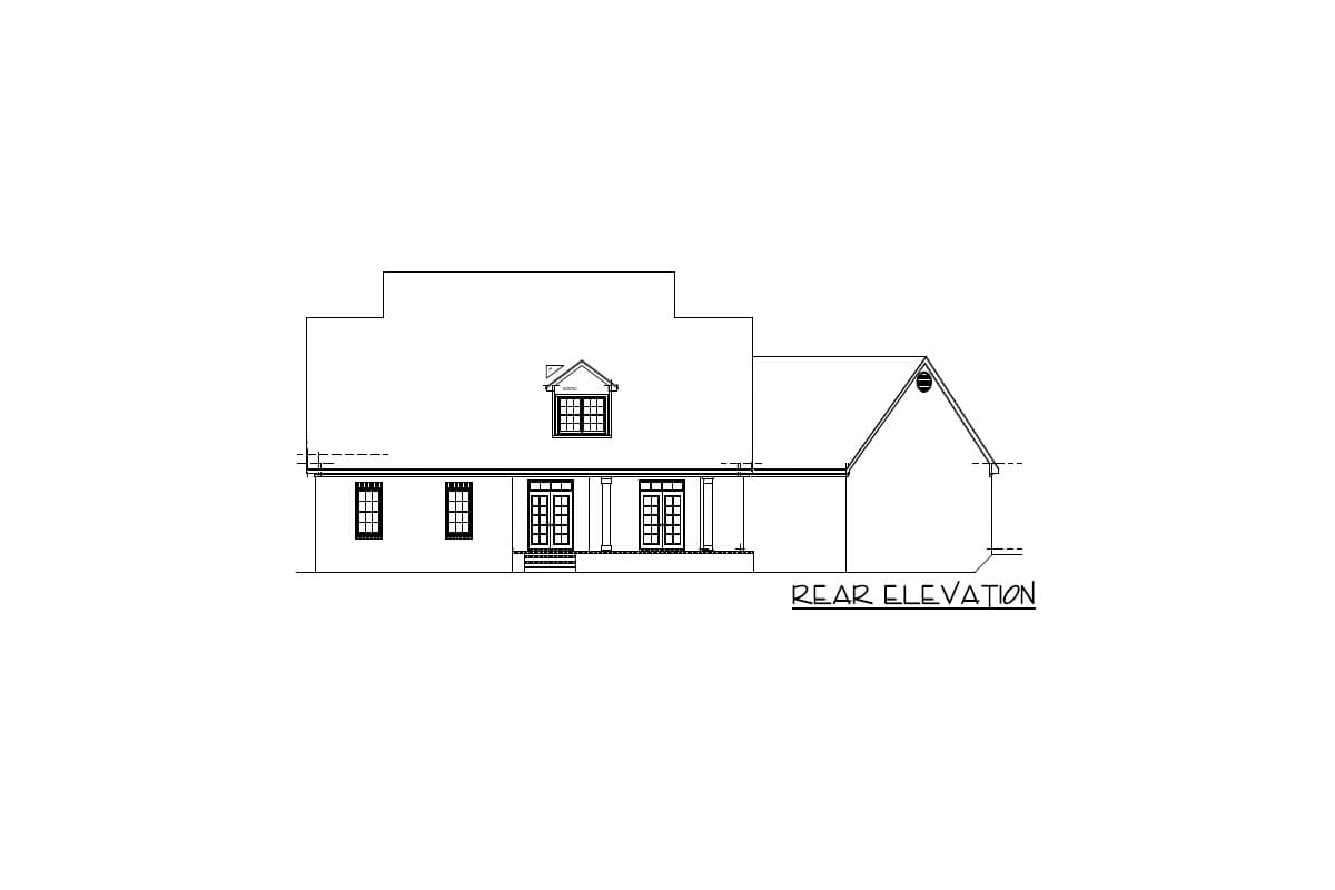 Rear elevation drawing of a house with a covered porch, dormer, and multiple windows.