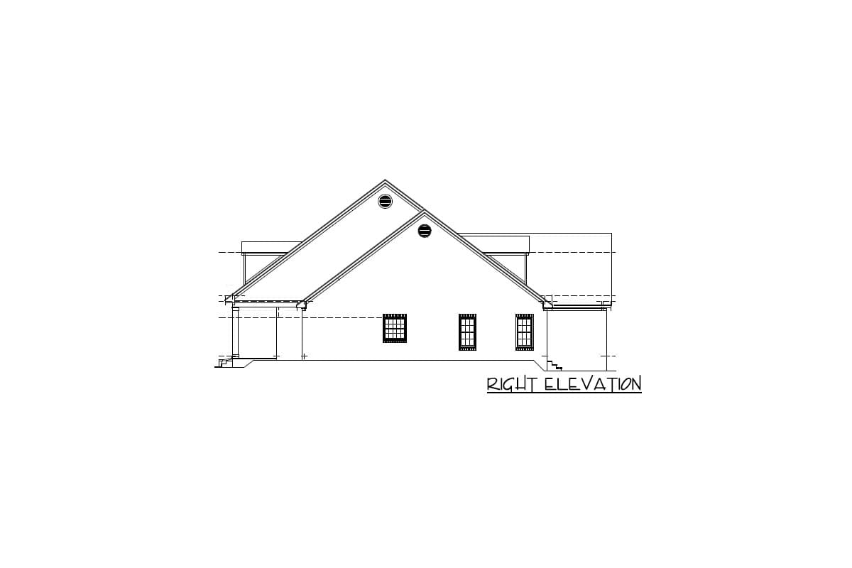 Right elevation drawing of a house plan showing a gable roof, dormers, and three windows.