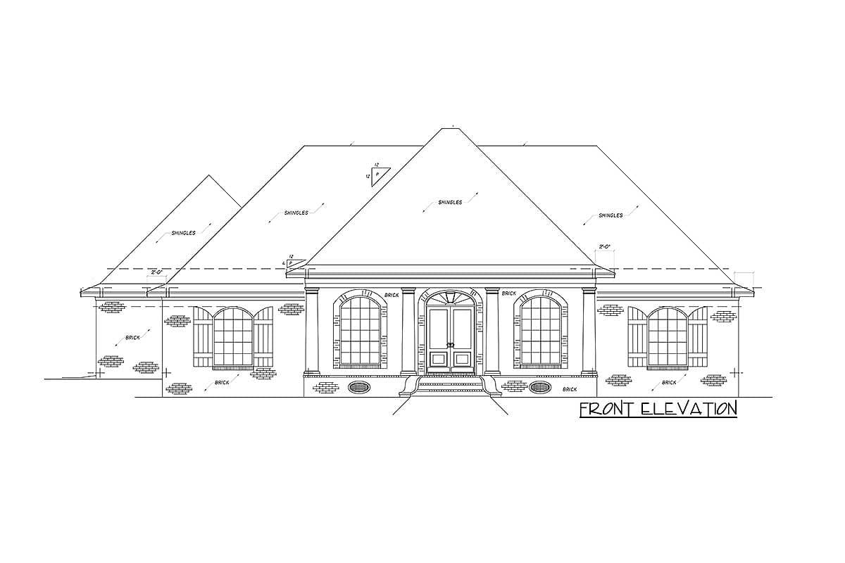 Front elevation house plan showing brick facade, arched windows, double entry doors, and multi-level rooflines.