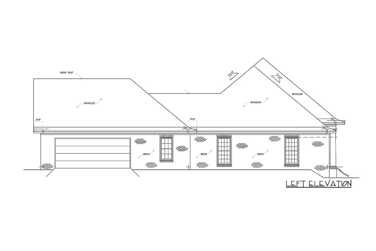 Left elevation house plan drawing showing a garage, brick facade, and hip roof with shingles and ridge vent.
